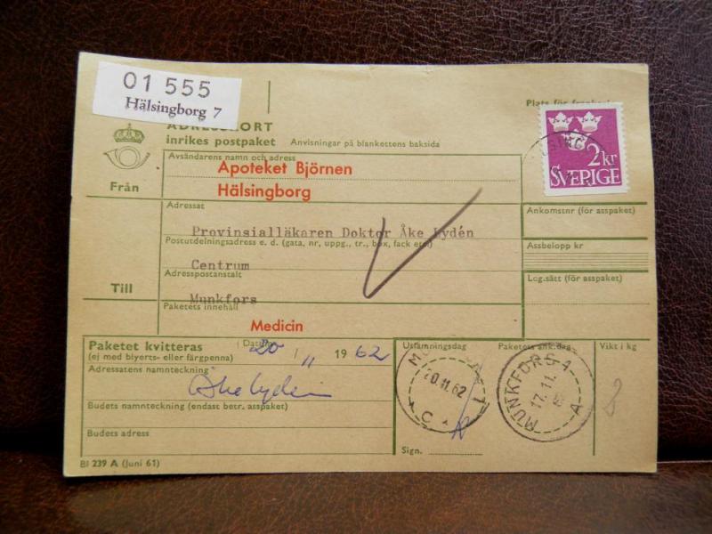 Frimärken på adresskort - stämplat 1962 - Hälsingborg 7 - Munkfors 