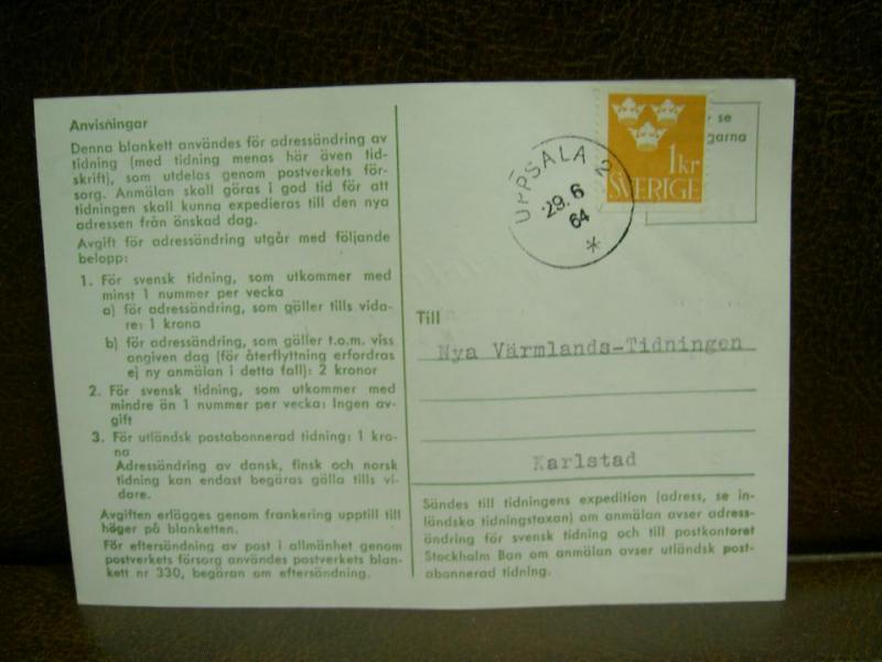 Paketavi med stämplade frimärken - 1964 - Uppsala 2 till Karlstad 1
