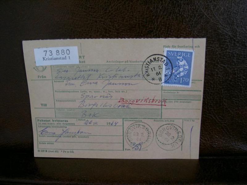 Paketavi med stämplade frimärken - 1964 - Kristianstad 1 till Borgviksbruk