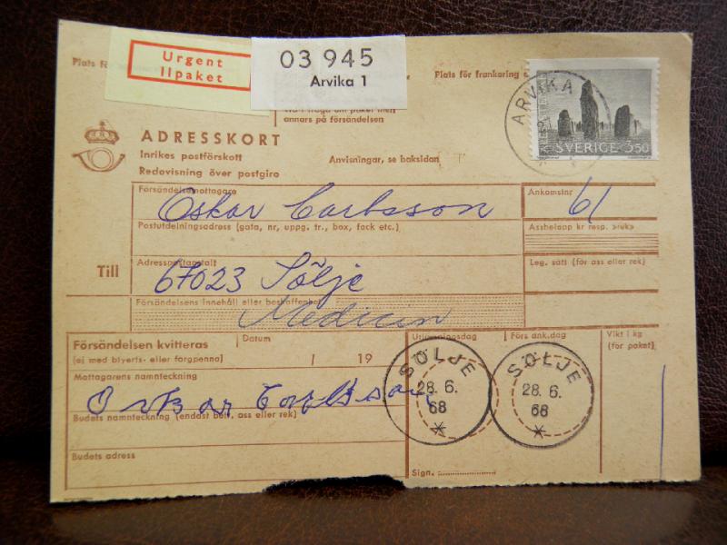 Frimärke  på adresskort - stämplat 1968 - Arvika 1 - Sölje
