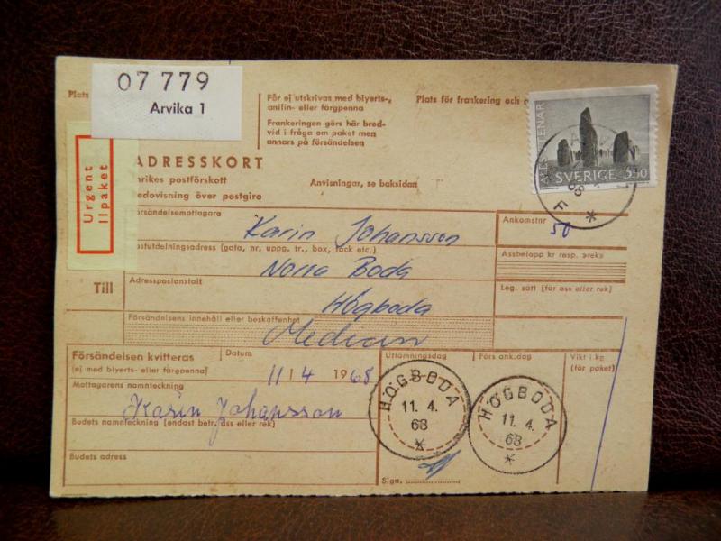 Frimärke  på adresskort - stämplat 1968 - Arvika 1 - Högboda