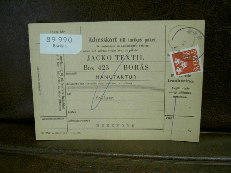 Paketavi med stämplade frimärken - 1962 - Borås 1 till Munkfors
