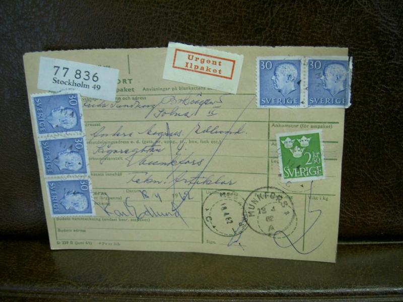 Ilpaket + Paketavi med 6 st stämplade frimärken - 1962 - Stockholm 49 till Munkfors