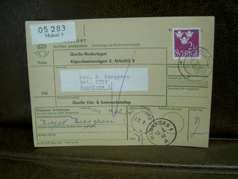 Paketavi med stämplade frimärken - 1962 - Malmö 5 till Munkfors