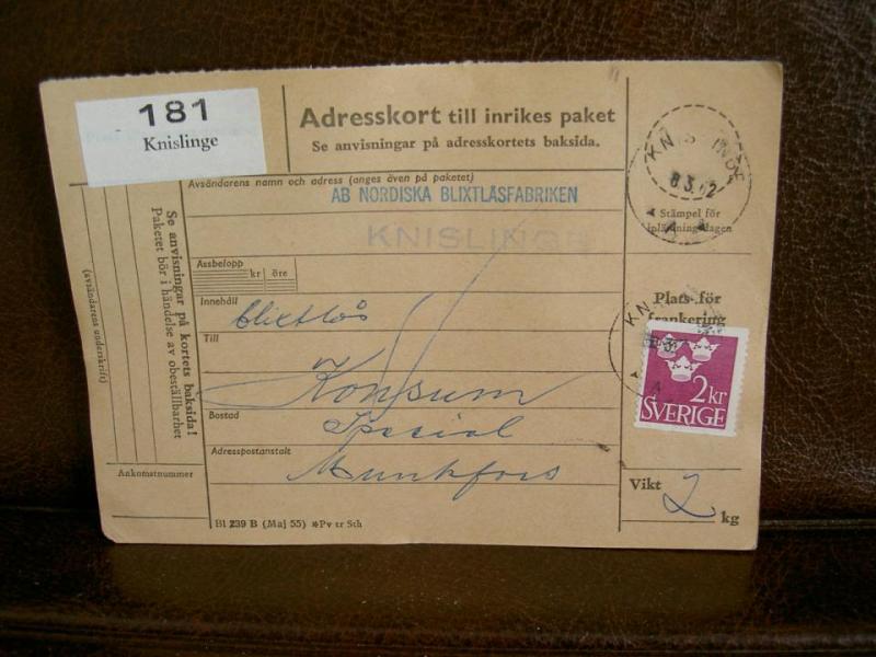 Paketavi med stämplade frimärken - 1962 - Knislinge till Munkfors