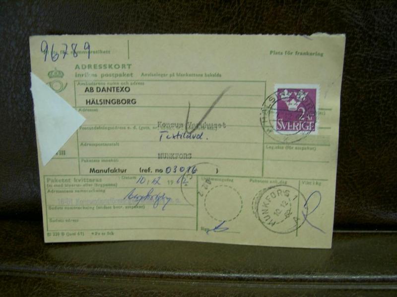 Paketavi med stämplade frimärken - 1962 - Hälsingborg 1 till Munkfors