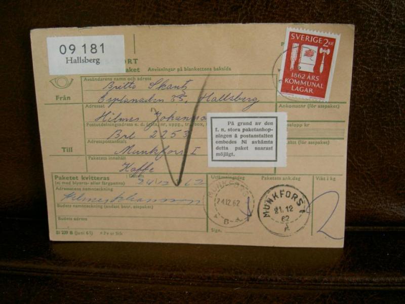 Paketanhopning + Paketavi med stämplade frimärken - 1962 - Hallsberg till Munkfors