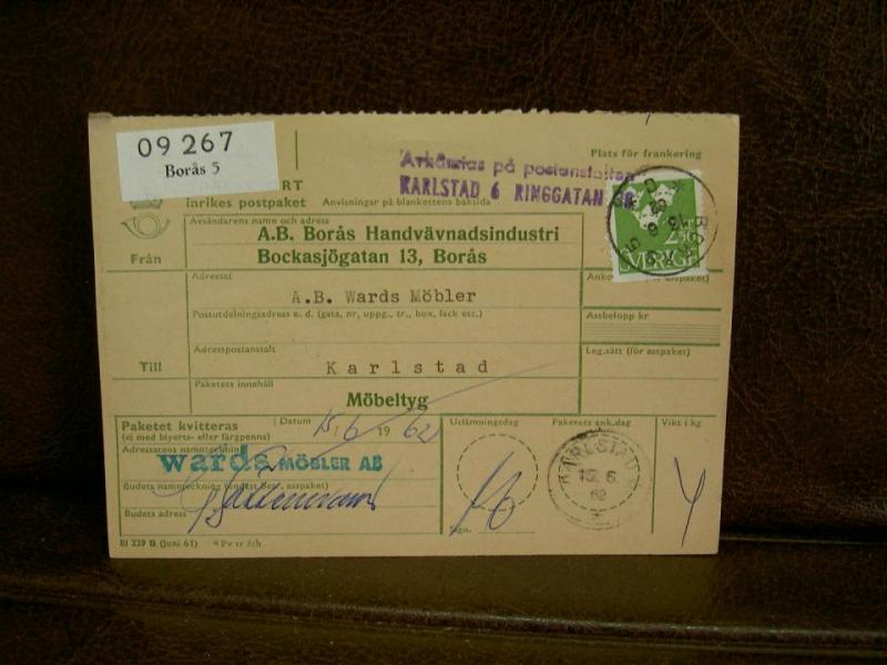 Paketavi med stämplade frimärken - 1962 - Borås 5 till Karlstad