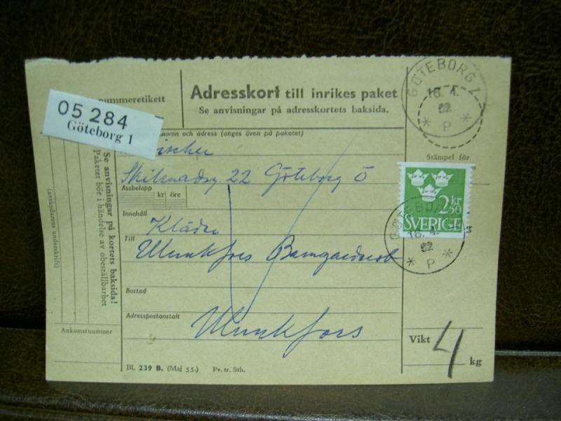 Paketavi med stämplade frimärken - 1962 - Göteborg 1 till Munkfors 