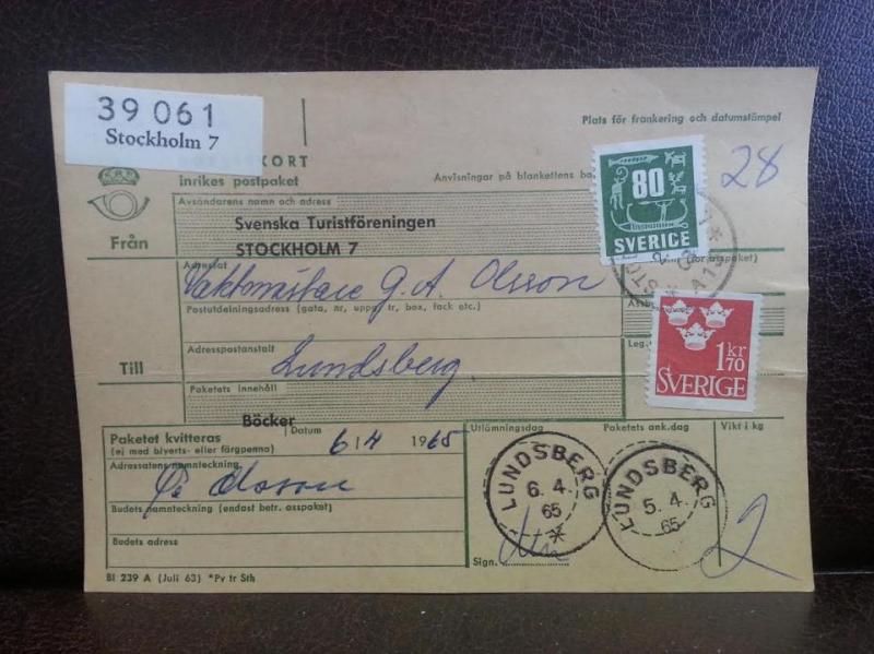 Frimärken på adresskort - stämplat 1965 - Stockholm 7 - Lundsberg