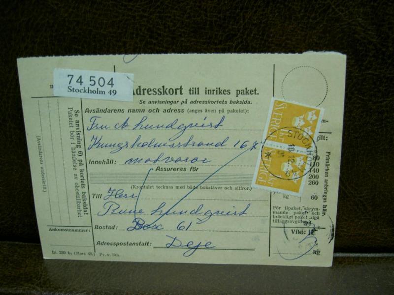 Paketavi med stämplade frimärken - 1961 - Stockholm 49 till Deje  