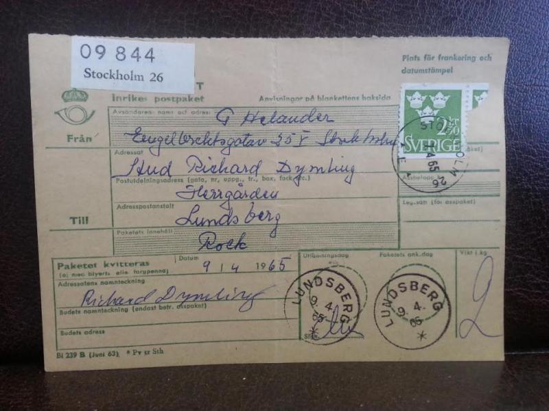Frimärken på adresskort - stämplat 1965 - Stockholm 26 - Lundsberg