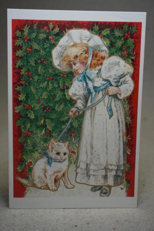 Julkort - Nostalgikort av brefkort - Söt Flicka med fin katt