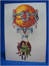 Tecknat Vykort - Barn åker luftballong