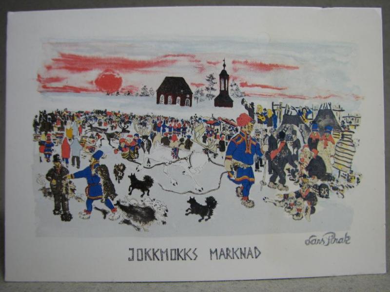 Vykort - Jokkmokks Marknad - efter en litografi av Lars Pirak 1990