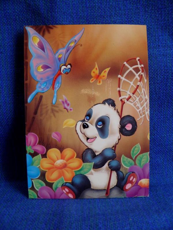 Vykort Söt Panda med en håv och Fjärilar blommor