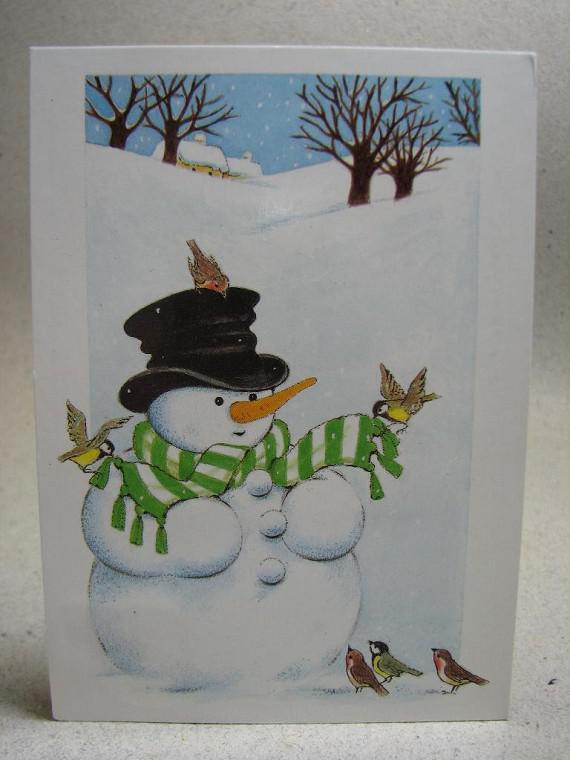 Tecknat vykort - Fåglar beundrar snögubbe