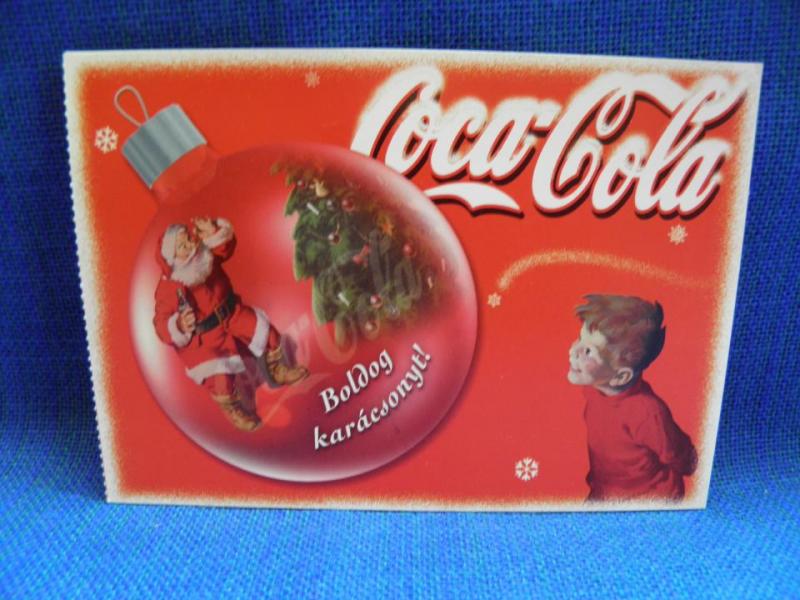 Vykort Coca-Cola Pojke tittar julkulan med Tomte och gran