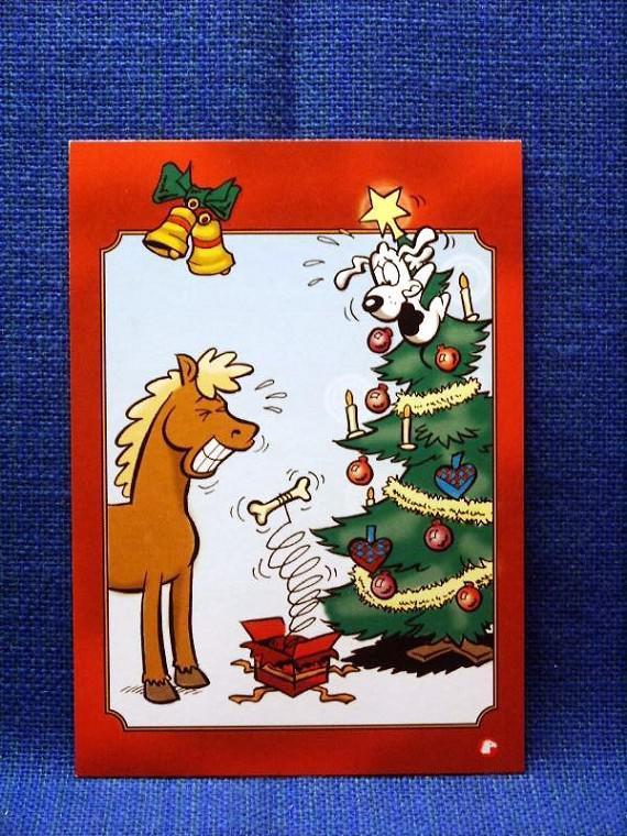 Vykort - Häst och Hund med julgran