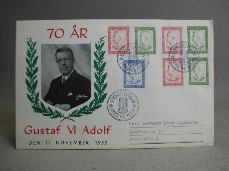 FDC  11/11 1952 - Gustaf VI Adolf 70 år  / Fina stämplar på 7 Frimärken