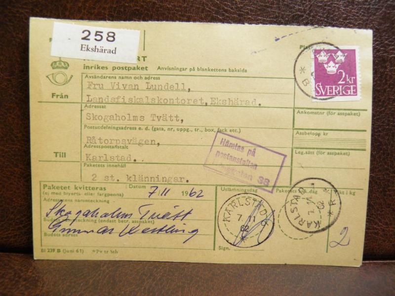 Frimärken på adresskort - stämplat 1962 - Ekshärad - Karlstad