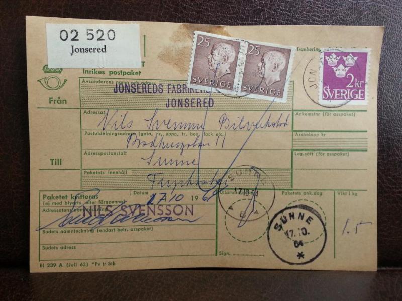 Frimärken på adresskort - stämplat 1964 - Jonsered - Sunne