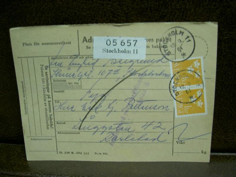 Paketavi med stämplade frimärken - 1961 - Stockholm 11 till Karlstad