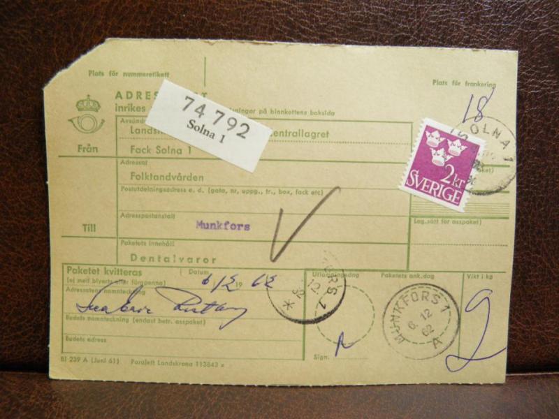 Frimärken på adresskort - stämplat 1962 - Solna 1 - Munkfors 