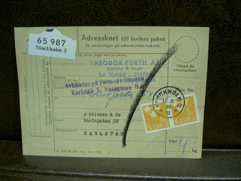 Paketavi med stämplade frimärken - 1961 - Stockholm 3 till Karlstad