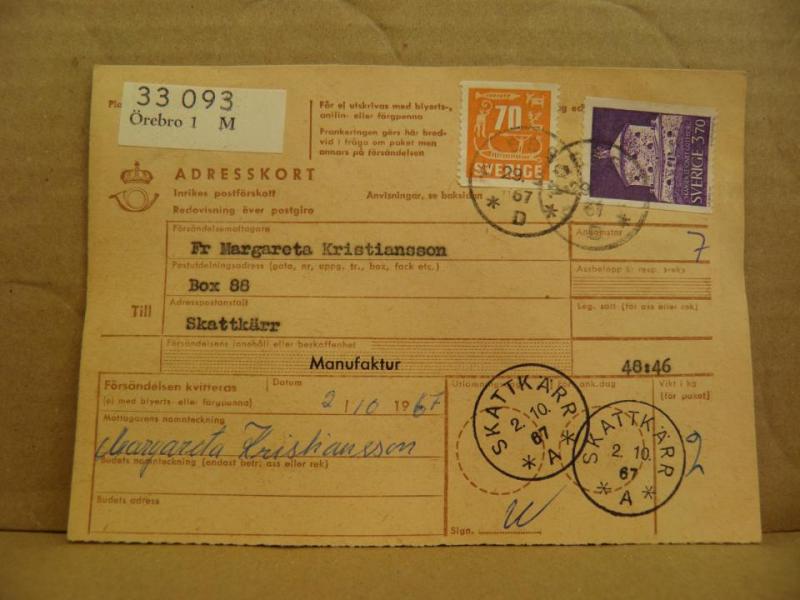 Frimärken på adresskort - stämplat 1967 - Örebro 1 M - Skattkärr
