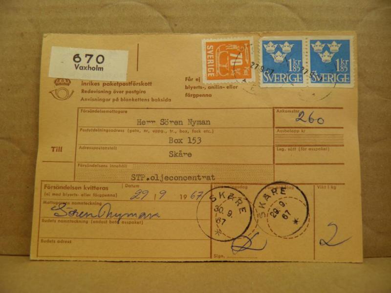 Frimärken på adresskort - stämplat 1967 - Vaxholm - Skåre