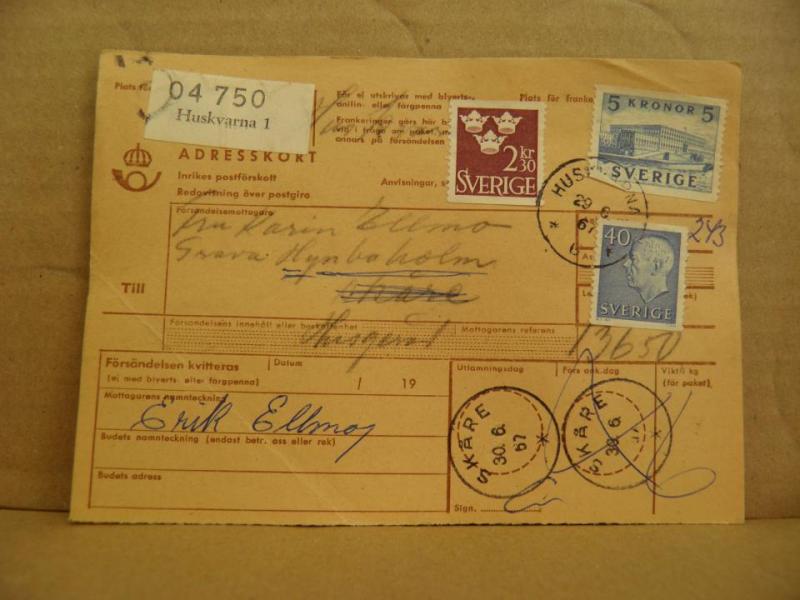 Frimärken på adresskort - stämplat 1967 - Huskvarna 1 - Skåre