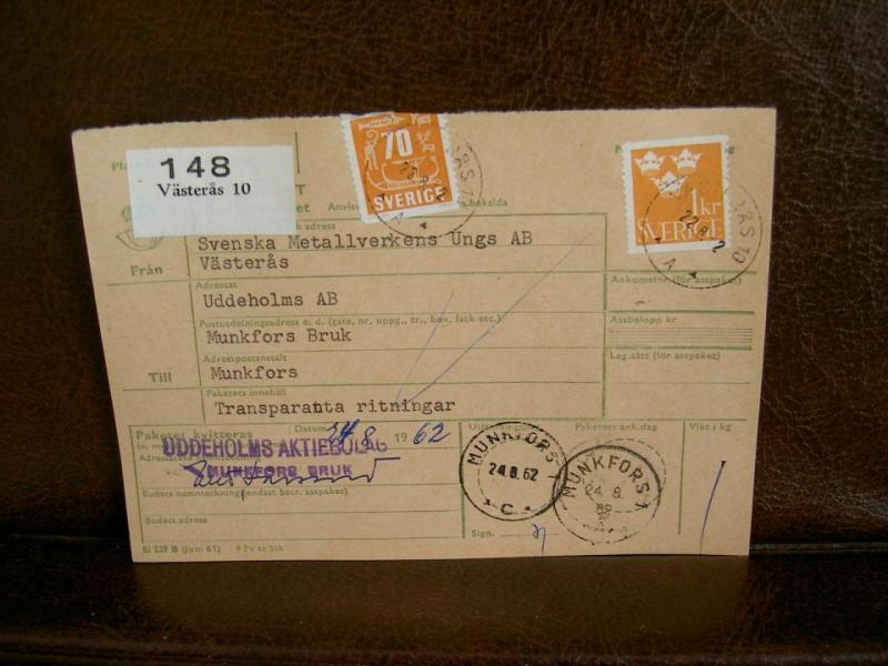 Paketavi med stämplade frimärken - 1962 - Västerås 10 till Munkfors