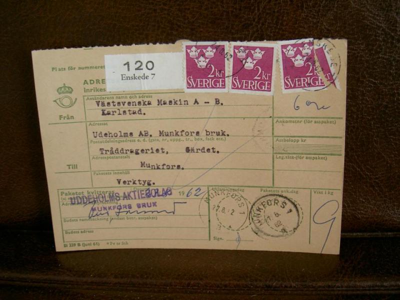Paketavi med stämplade frimärken - 1962 - Enskede 7 till Munkfors