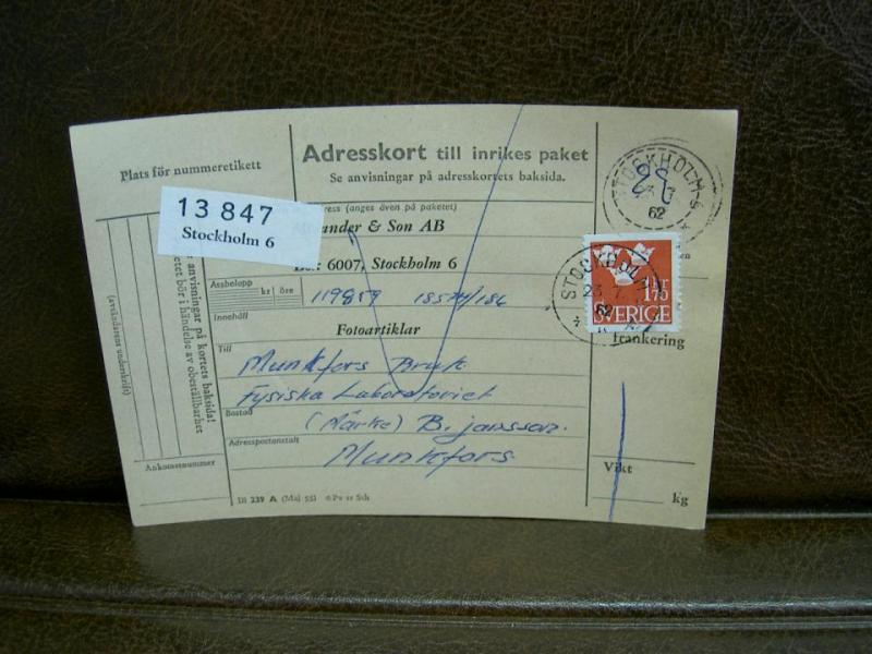 Paketavi med stämplade frimärken - 1962 - Stockholm 6 till Munkfors