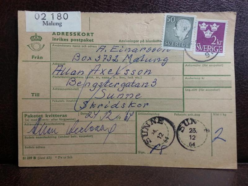 Frimärken på adresskort - stämplat 1964 - Malung - Sunne