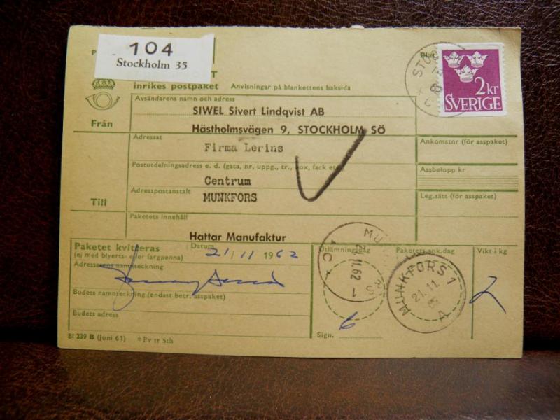 Frimärken på adresskort - stämplat 1962 - Stockholm 35 - Munkfors