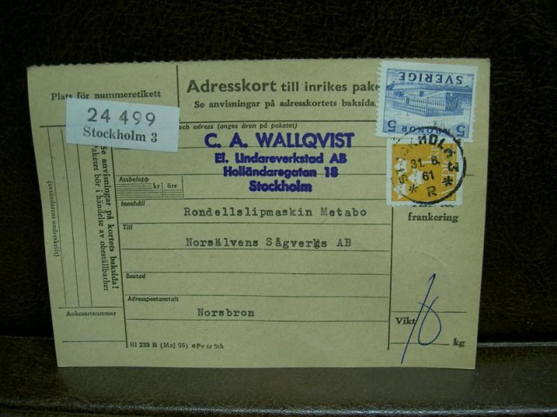 Paketavi med stämplade frimärken - 1961 - Stockholm 3 till Norsbron