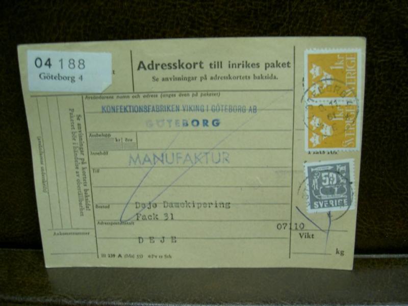 Paketavi med stämplade frimärken - 1961 - Göteborg 4 till Deje