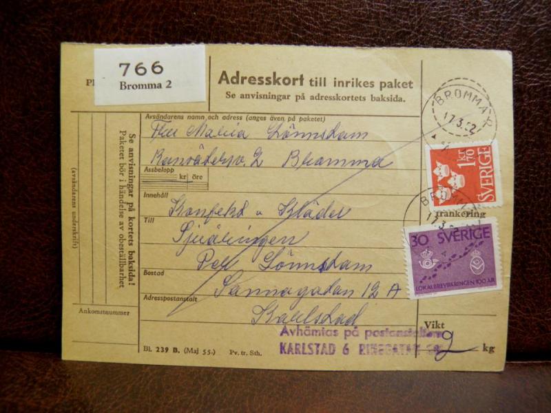 Frimärken på adresskort - stämplat 1962 - Bromma 2 - Karlstad
