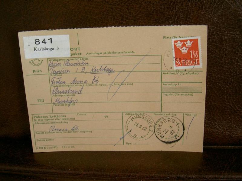 Paketavi med stämplade frimärken - 1962 - Karlskoga 3 till Munkfors