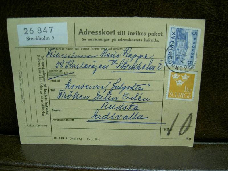 Paketavi med stämplade frimärken - 1961 - Stockholm 5 till Edsvalla