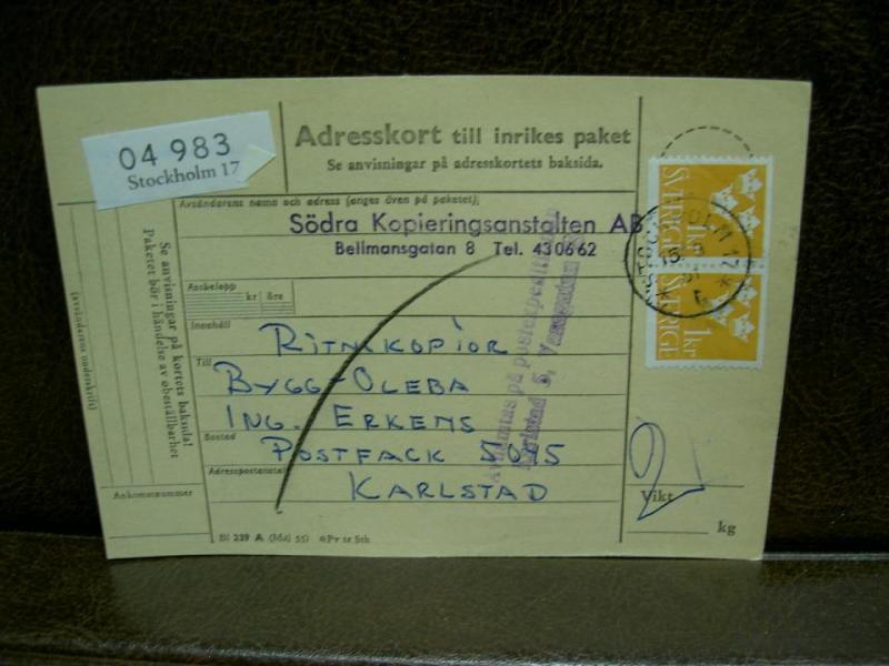 Paketavi med stämplade frimärken - 1961 - Stockholm 17 till Karlstad