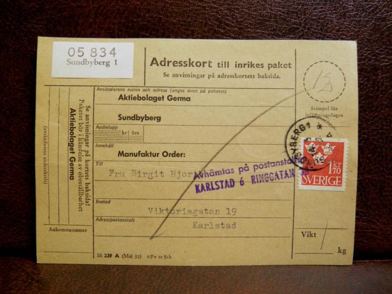 Frimärken på adresskort - stämplat 1962 - Sundbyberg 1 - Karlstad
