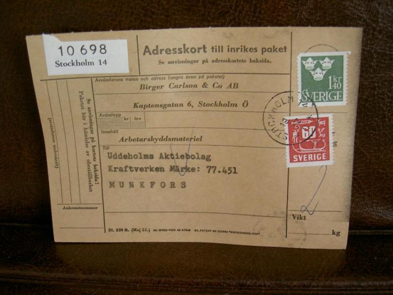 Paketavi med stämplade frimärken - 1962 - Stockholm 14 till Munkfors 