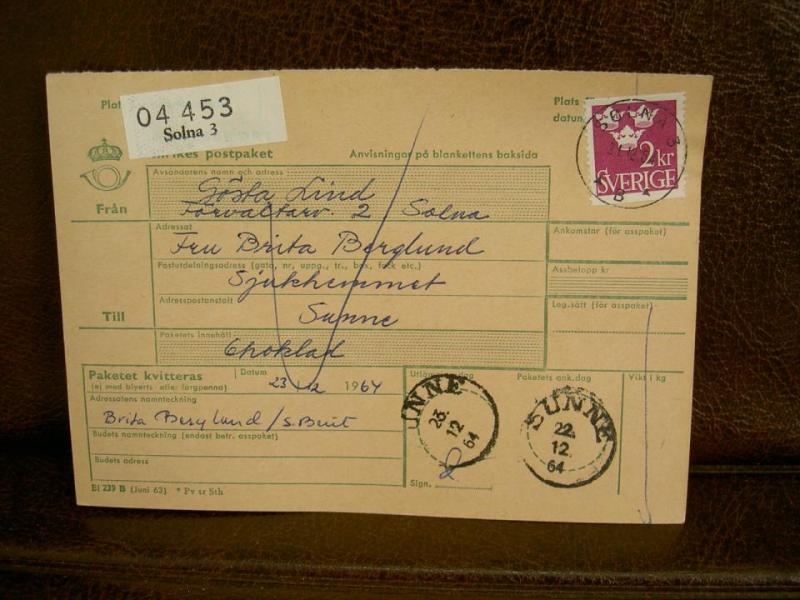 Paketavi med stämplade frimärken - 1964 - Solna 3 till Sunne