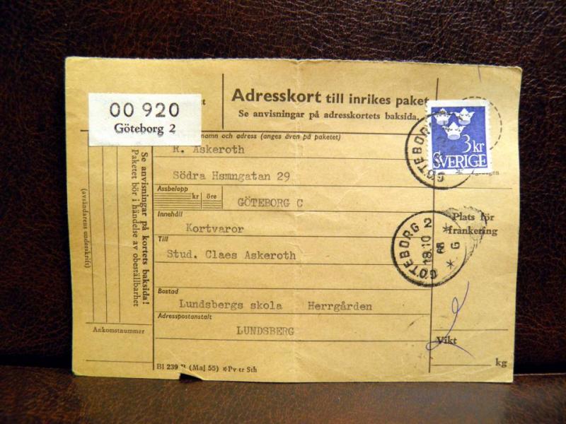 Frimärke på adresskort - stämplat 1965 - Göteborg 2 - Lundsberg