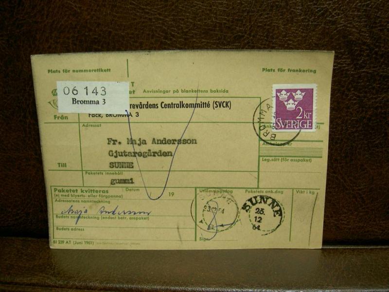 Paketavi med stämplade frimärken - 1964 - Bromma 3 till Sunne