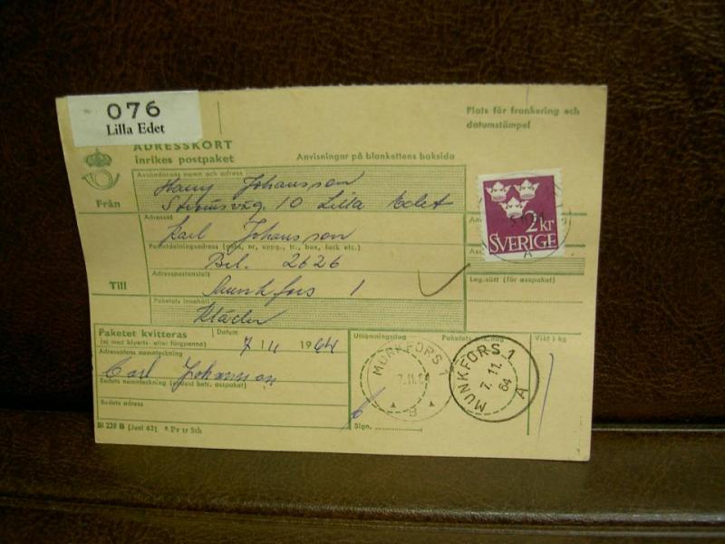 Paketavi med stämplade frimärken - 1964 - Lilla Edet till Munkfors