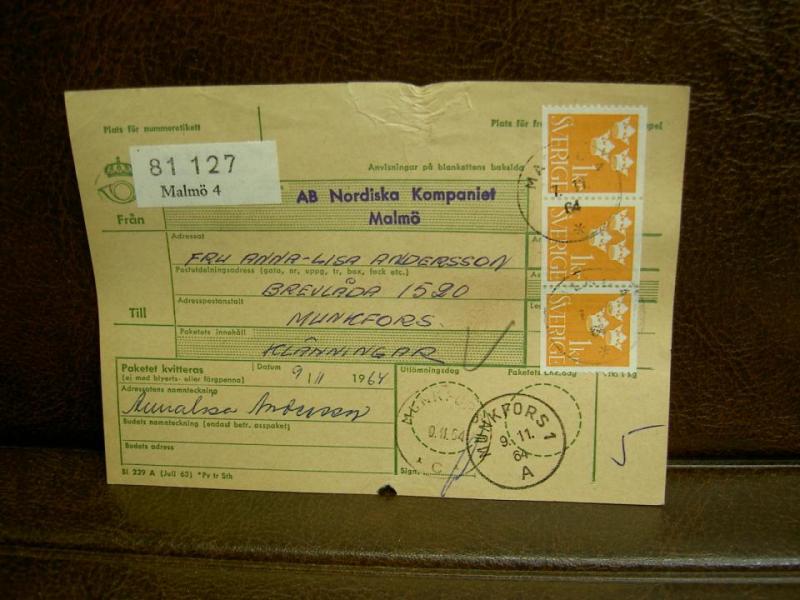 Paketavi med stämplade frimärken - 1964 - Malmö 4 till Munkfors